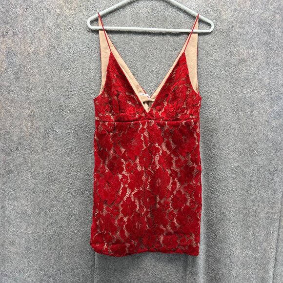 Free People Dress Women 6 Red Lace Over Nude Sleeveless Lined Mini Pencil - Picture 1 of 10